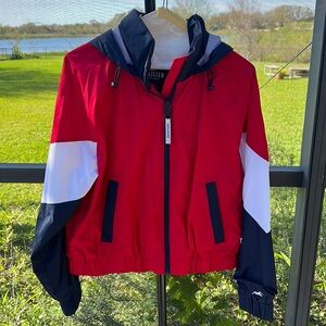 Hollister Rain Jacket / Windbreaker full zip w/ hoodie large red/white/blue nwot